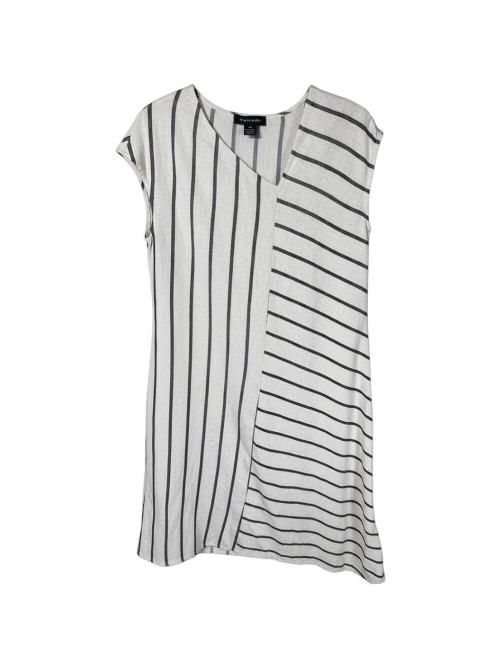 Tahari Asymmetrical Black White Striped Linen Blend Surplice Dress Size S
